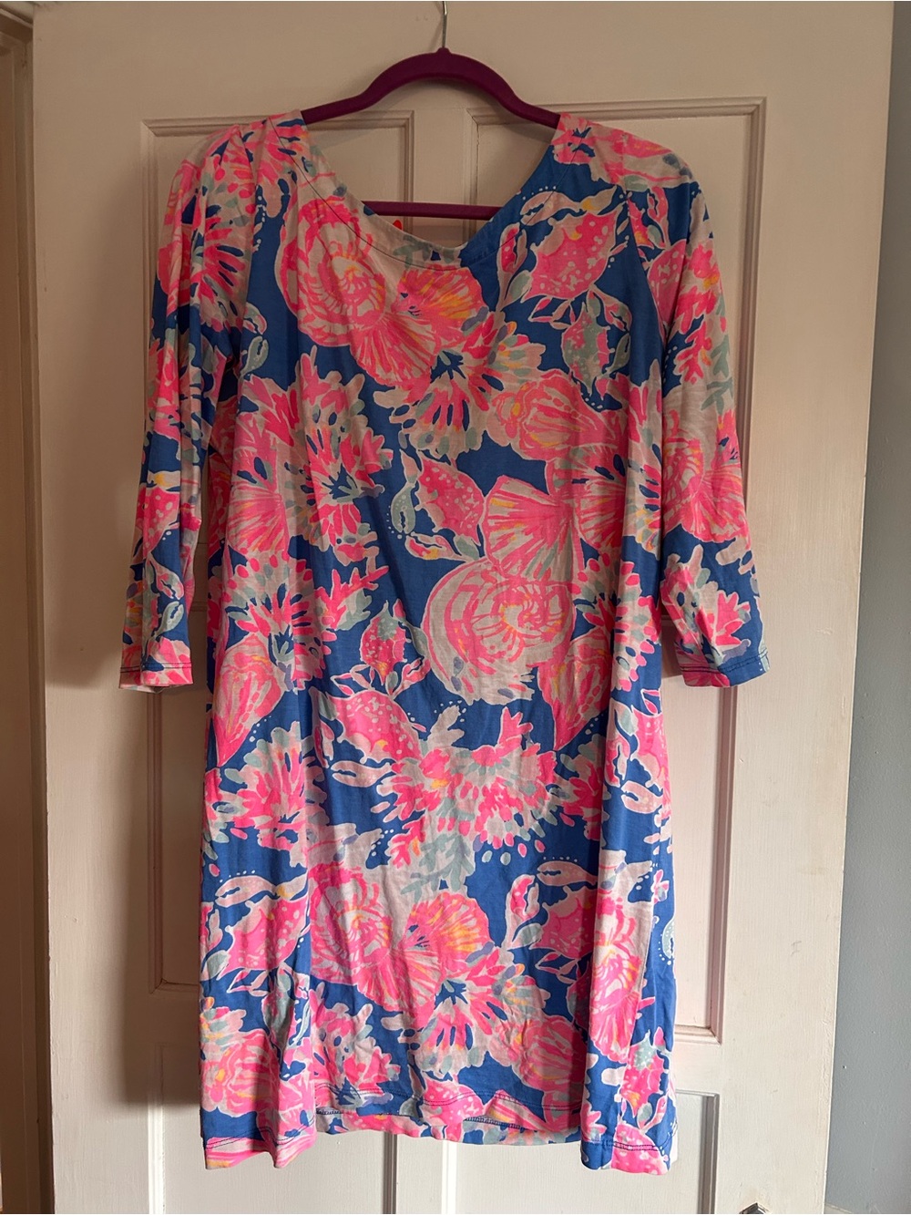 Women’s Noelle Bay Dreamin 3/4 Sleeve Blue Floral Shift Dress with Pink Accents